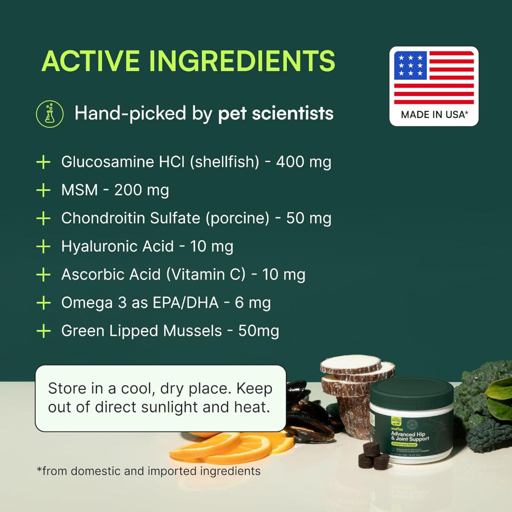 Premium Hip & Joint Chews for Small & Medium Dogs - Advanced Formula with Glucosamine, Chondroitin, Omega 3, MSM & Green Lipped Mussel - 60 Delicious Pork Flavored Soft Chews